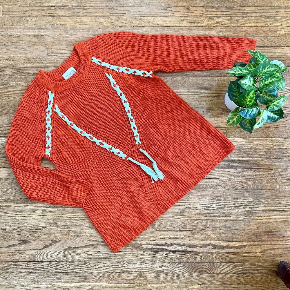 Hayden Orange Knit Sweater Boho Lace Up Detail Crewneck Pullover - Picture 2 of 10